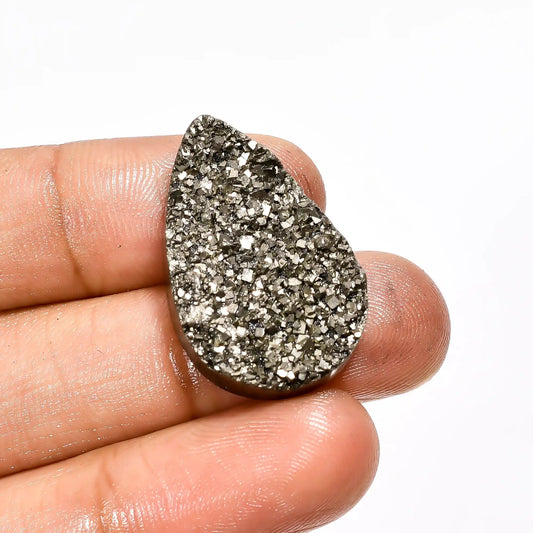 Pyrite Druzy Pear Shape Cabochon Loose Gemstone Natural 36.5 Ct. 28X17X6 mm V-2107