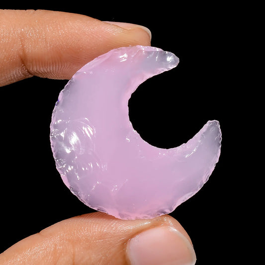 Pink Opalite Druzy Crescent Moon Shape Cabochon Loose Gemstone 29.5 Ct. 33X32X6 mm V-3830