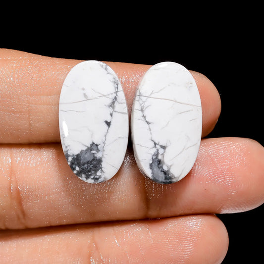 Howlite Oval Shape Cabochon Loose Gemstone Pair Natural 26.5 Ct. 21X12X4 mm V-4440