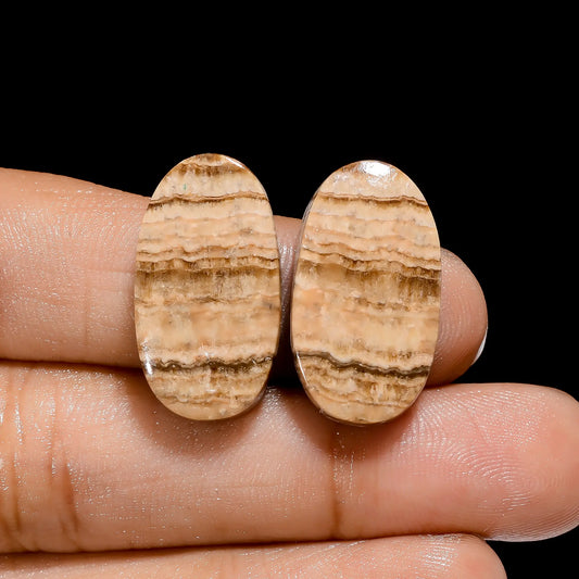 Chocolate Calcite Aragonite Oval Shape Cabochon Loose Gemstone Pair Natural 28.5 Ct. 22X12X5 mm V-4458