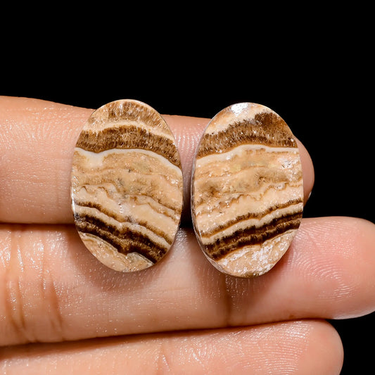 Chocolate Calcite Aragonite Oval Shape Cabochon Loose Gemstone Pair Natural 25.5 Ct. 23X14X5 mm V-4462