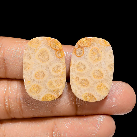 Fossil Coral Radiant Shape Cabochon Loose Gemstone Pair Natural 39.5 Ct. 25X17X4 mm V-4489