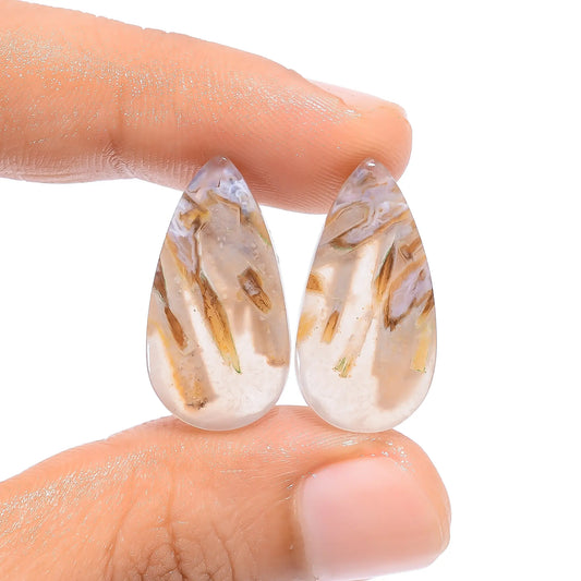 Stick Agate Pear Shape Cabochon Loose Gemstone Pair Natural 15.5 Ct. 23X12X3 mm V-4586