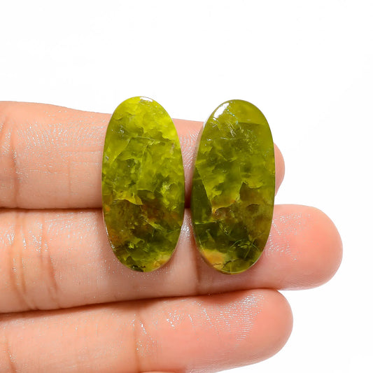 Elegant Top Grade Quality 100% Natural Green Opal Oval Shape Cabochon Loose Gemstone Pair For Making Earrings 29 Ct. 27X13X4 mm V-4606