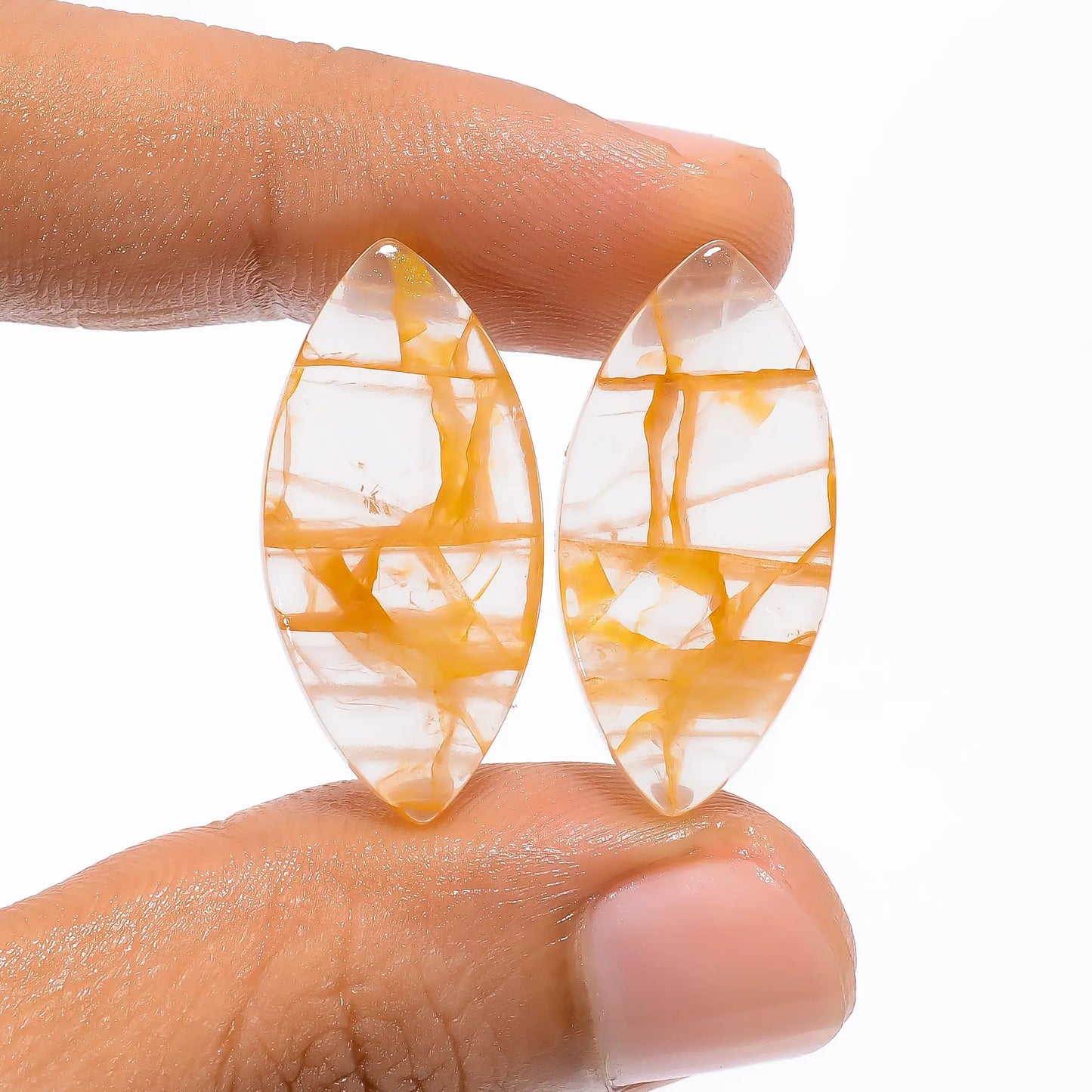 Golden Healing Quartz Marquise Shape Cabochon Loose Gemstone Pair Natural 24 Ct. 27X13X4 mm V-4682