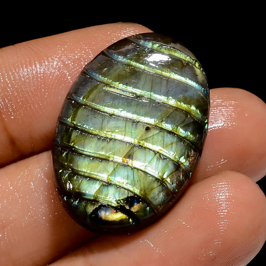 Golden Labradorite Oval Shape Carved Loose Gemstone Natural 32.5 Ct. 26X18X6 mm V-4917