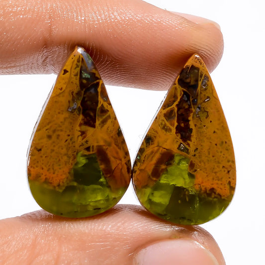Green Opal Pear Shape Cabochon Loose Gemstone Pair Natural 32.5 Ct. 23X14X5 mm V-4940