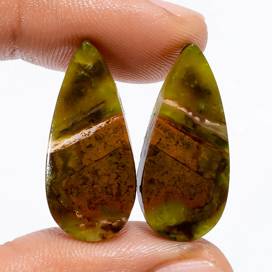Green Opal Pear Shape Cabochon Loose Gemstone Pair Natural 17 Ct. 25X11X3 mm V-4941