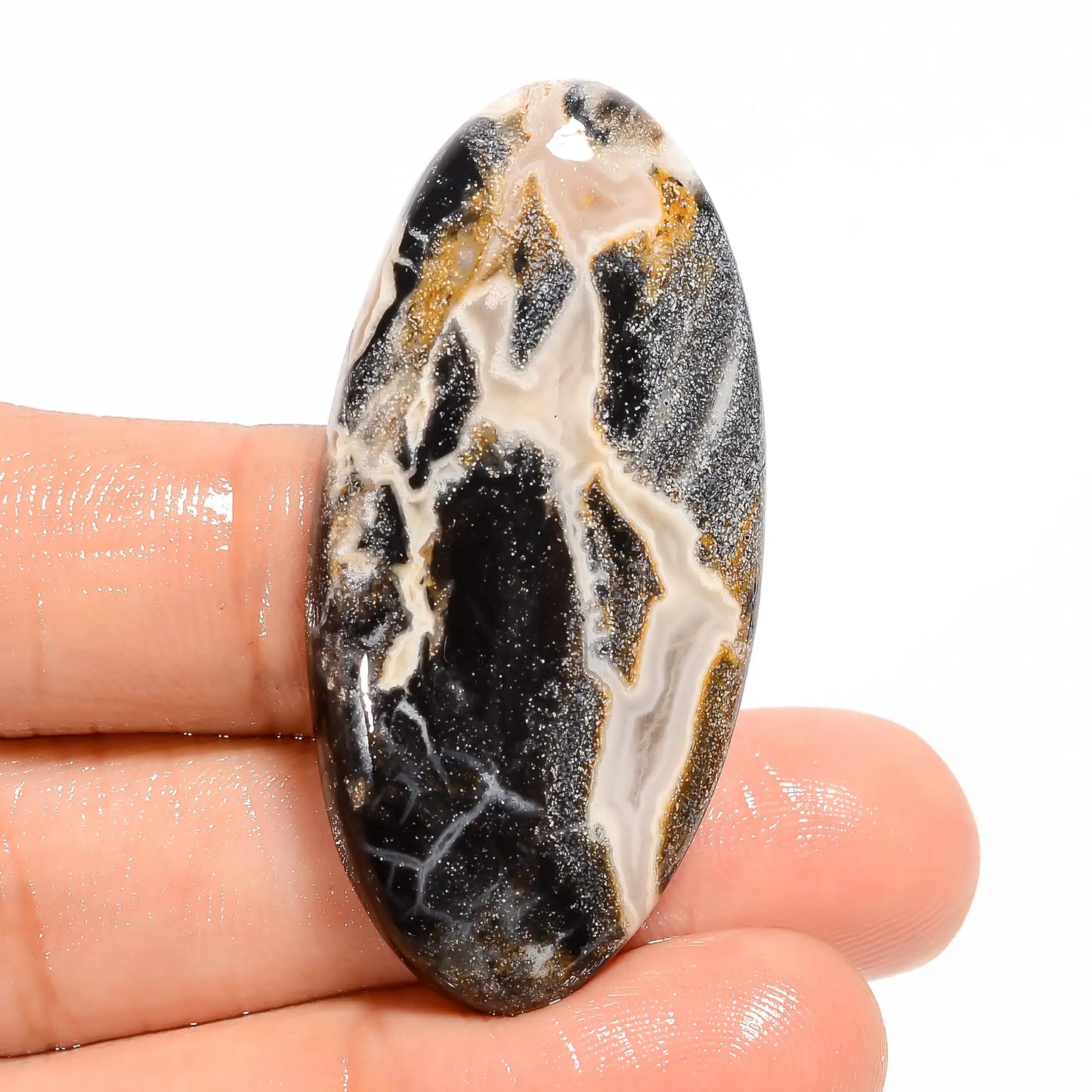 Black Septarian Oval Shape Cabochon Loose Gemstone Natural 54.5 Ct. 44X21X6 mm V-5036