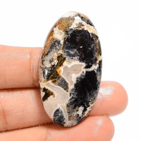 Black Septarian Oval Shape Cabochon Loose Gemstone Natural 57.5 Ct. 41X23X7 mm V-5042