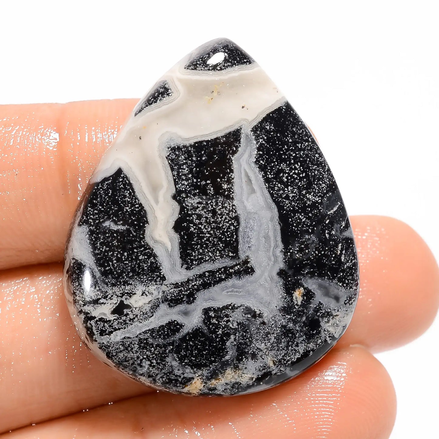 Black Septarian Pear Shape Cabochon Loose Gemstone Natural 56 Ct. 32X27X7 mm V-5051