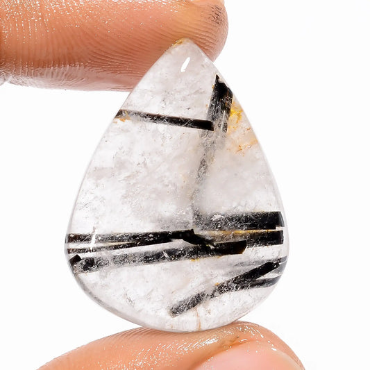 Black Rutile Quartz Pear Shape Cabochon Loose Gemstone Natural 34.5 Ct. 30X23X6 mm V-5400