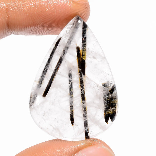 Black Rutile Quartz Pear Shape Cabochon Loose Gemstone Natural 46 Ct. 36X26X6 mm V-5402