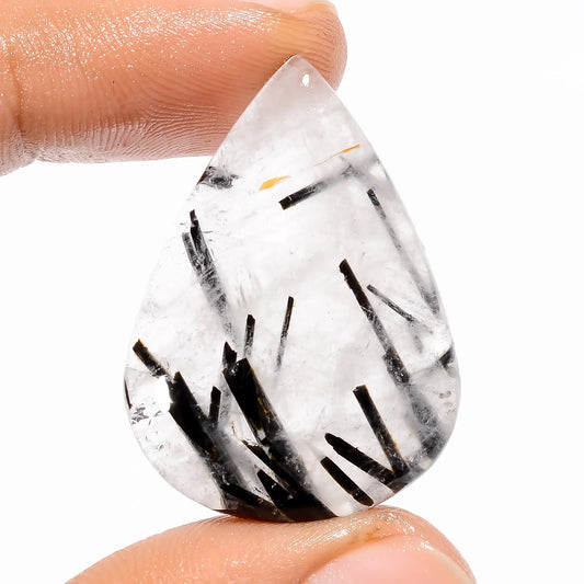 Black Rutile Quartz Pear Shape Cabochon Loose Gemstone Natural 34 Ct. 33X24X5 mm V-5408