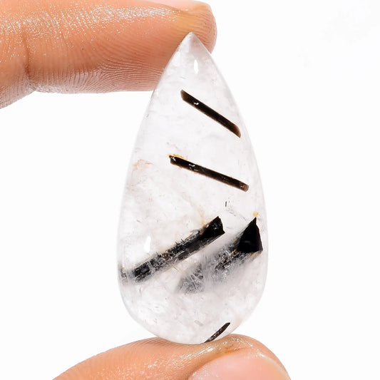 Black Rutile Quartz Pear Shape Cabochon Loose Gemstone Natural 48 Ct. 38X19X9 mm V-5409