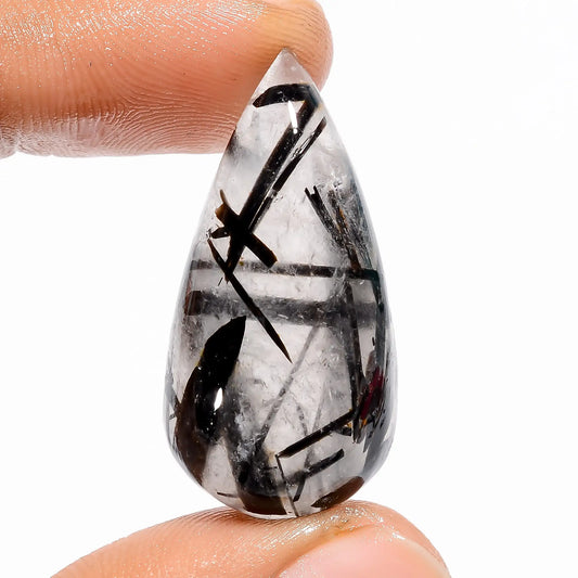 Black Rutile Quartz Pear Shape Cabochon Loose Gemstone Natural 36.5 Ct. 33X16X9 mm V-5410
