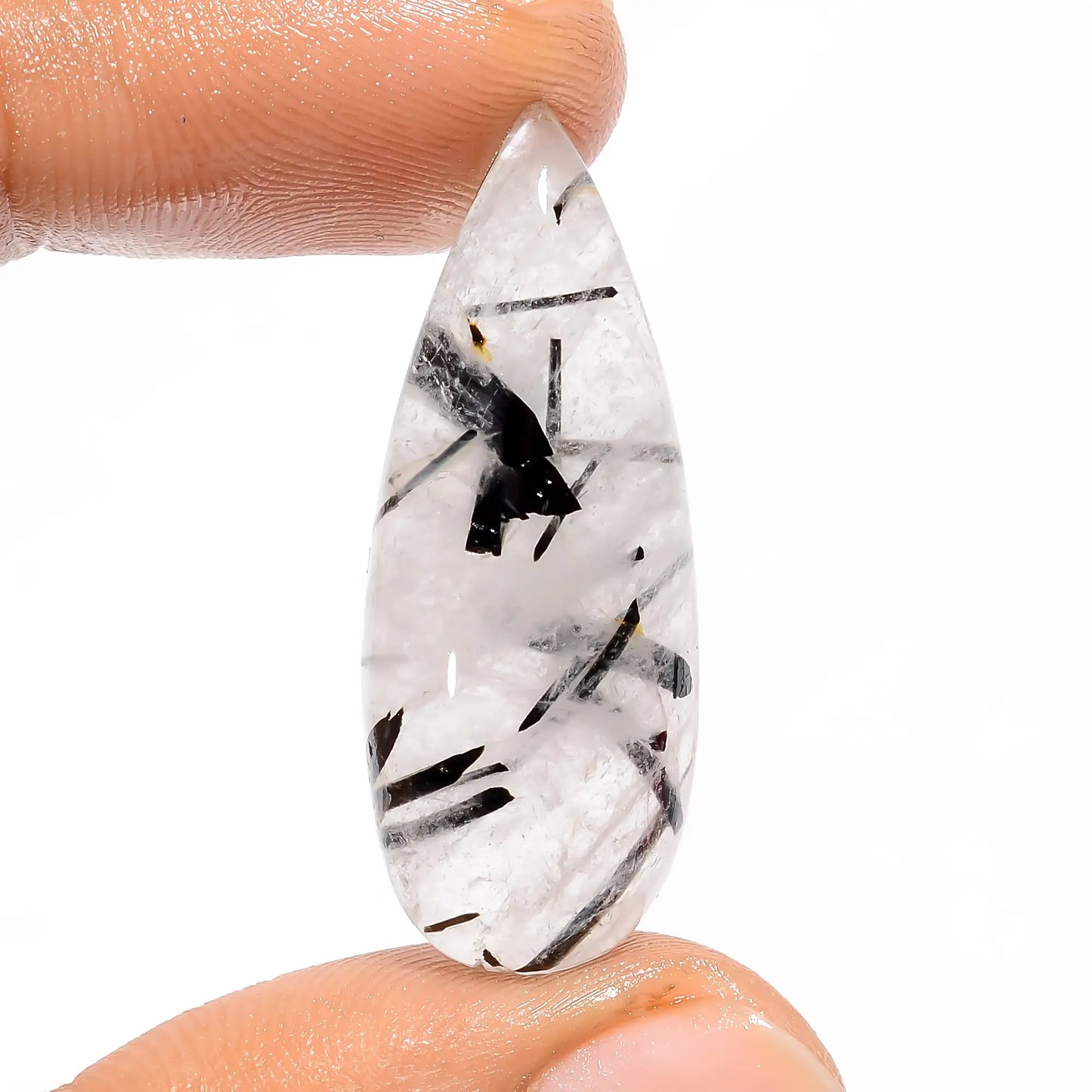 Black Rutile Quartz Pear Shape Cabochon Loose Gemstone Natural 22.5 Ct. 34X13X7 mm V-5411