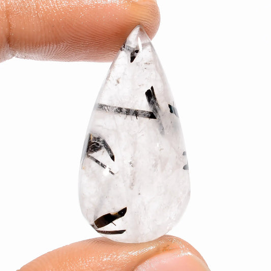 Black Rutile Quartz Pear Shape Cabochon Loose Gemstone Natural 41.5 Ct. 34X18X9 mm V-5414