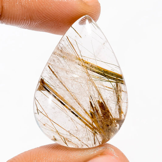 Golden Rutile Quartz Pear Shape Cabochon Loose Gemstone Natural 40 Ct. 31X22X7 mm V-5721