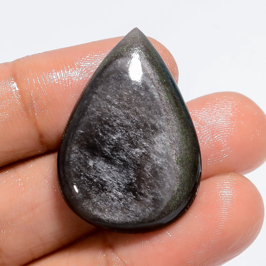 Silver Sheen Obsidian Pear Shape Cabochon Loose Gemstone Natural 23 Ct. 30X21X5 mm V-6338