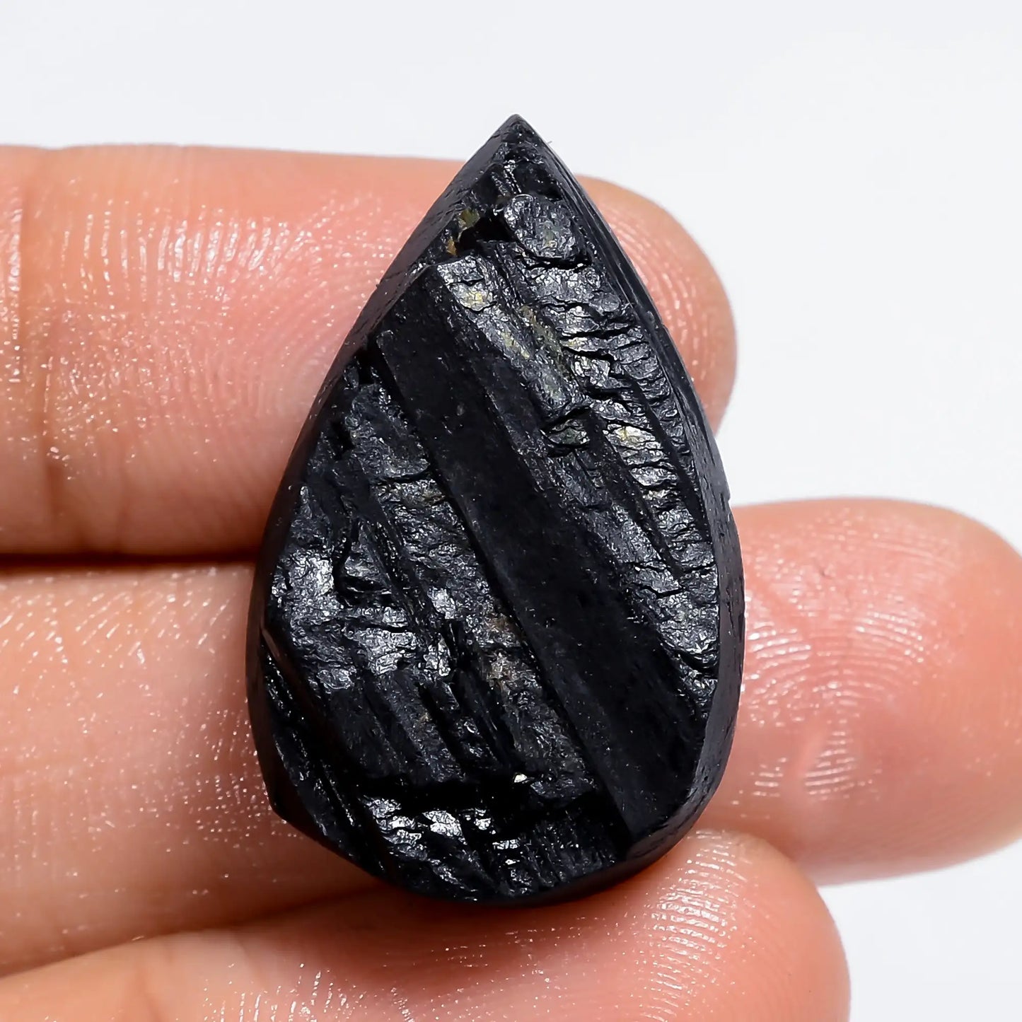 Black Tourmaline Druzy Pear Shape Cabochon Loose Gemstone Natural 38.5 Ct. 27X17X9 mm V-6405