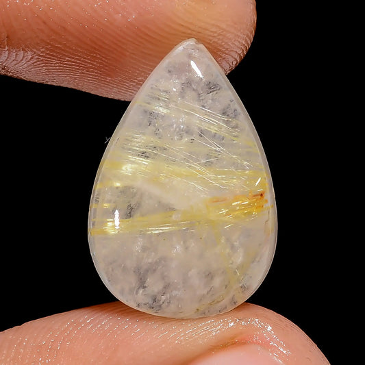Golden Rutile Quartz Pear Shape Cabochon Loose Gemstone Natural 10.5 Ct. 20X13X5 mm V-6753