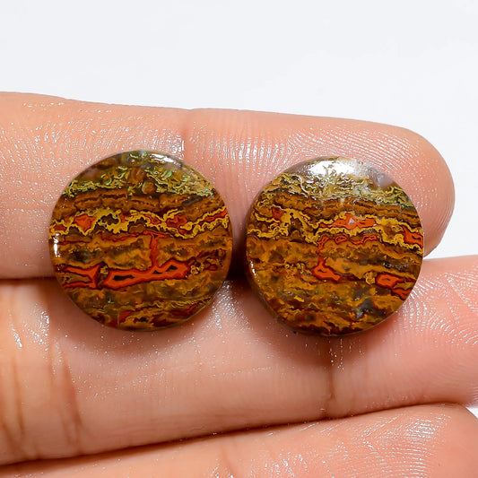 Seam Agate Round Shape Cabochon Loose Gemstone Pair Natural 19 Ct. 15X15X3 mm V-7155