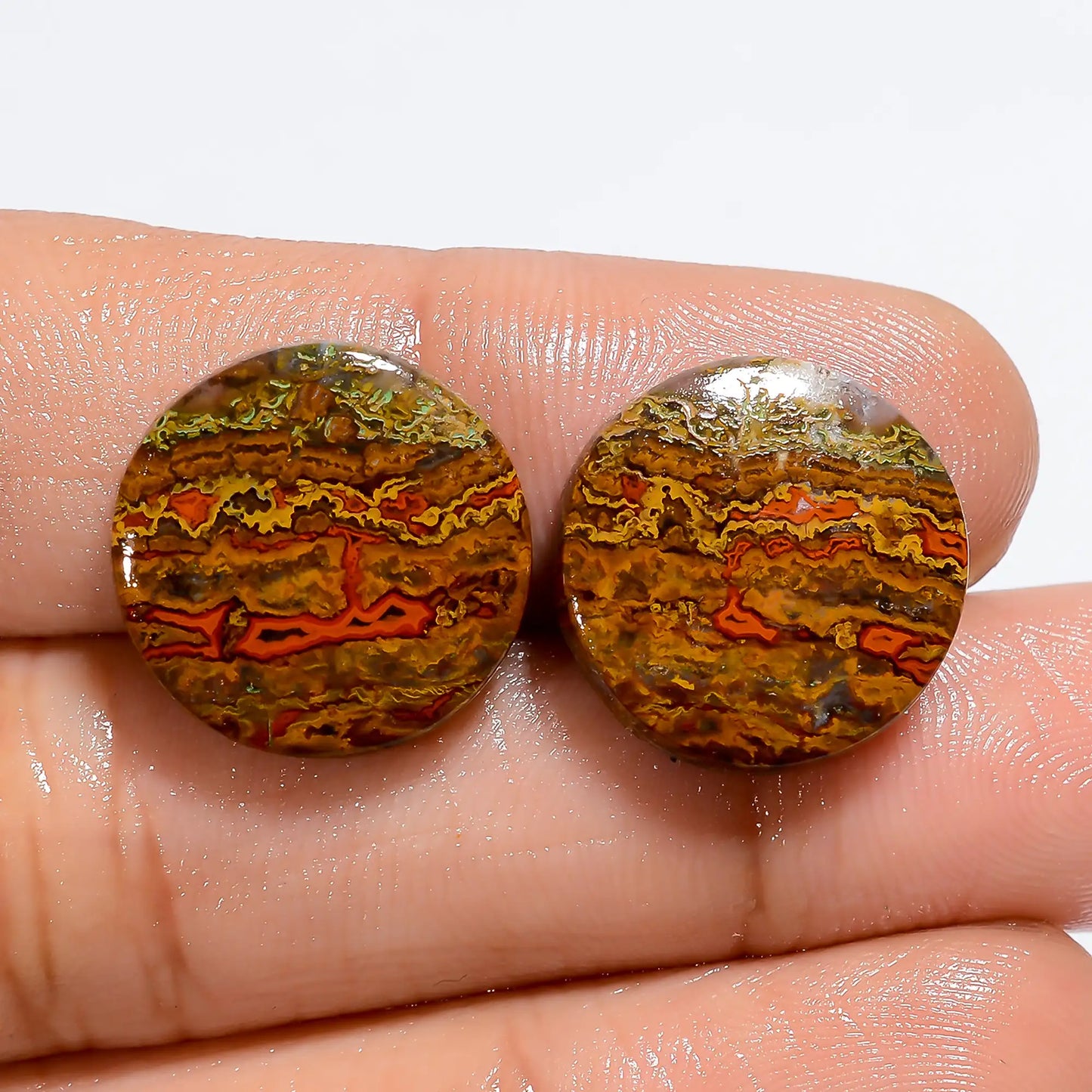 Seam Agate Round Shape Cabochon Loose Gemstone Pair Natural 19 Ct. 15X15X3 mm V-7155