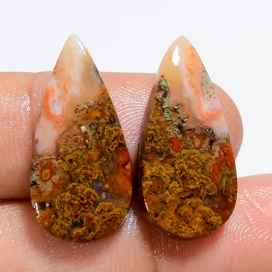Seam Agate Pear Shape Cabochon Loose Gemstone Pair Natural 18 Ct. 23X10X3 mm V-7158