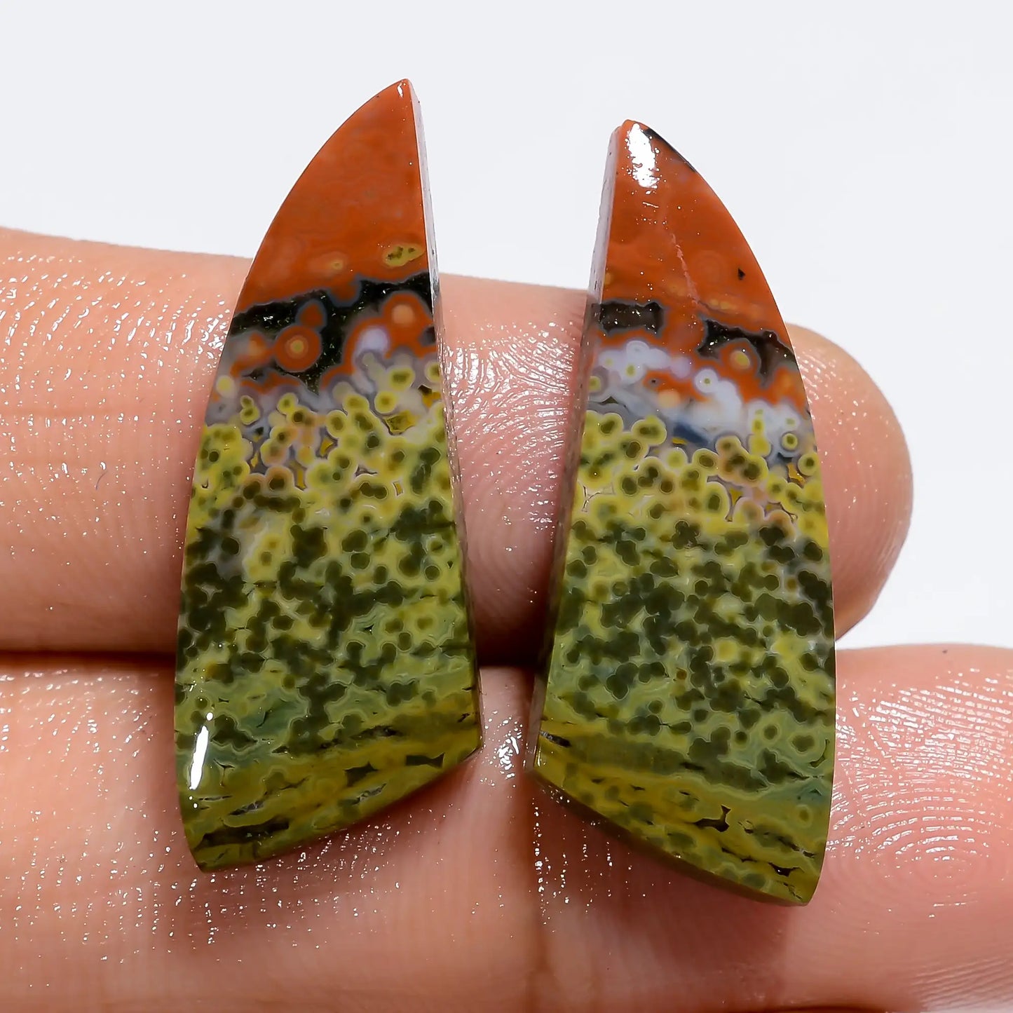 Ocean Jasper Fancy Shape Cabochon Loose Gemstone Pair Natural 20 Ct. 28X20X3 mm V-7174