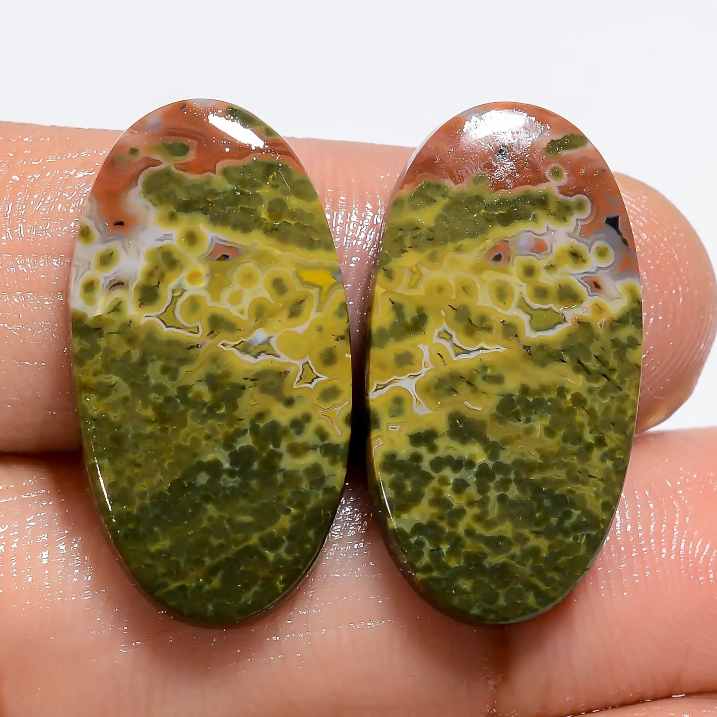Ocean Jasper Oval Shape Cabochon Loose Gemstone Pair Natural 20 Ct. 23X12X3 mm V-7175