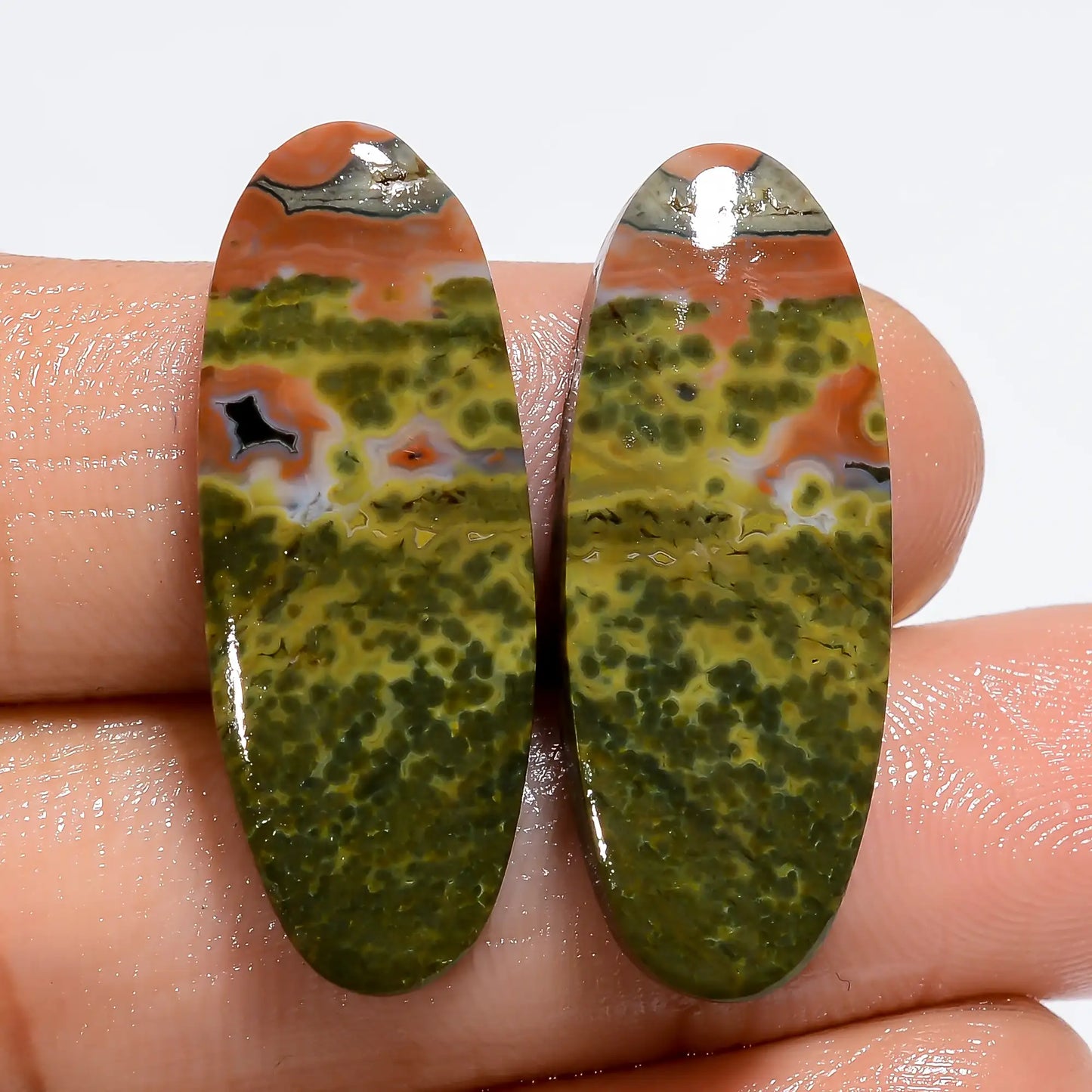 Ocean Jasper Oval Shape Cabochon Loose Gemstone Pair Natural 24.5 Ct. 28X10X3 mm V-7178