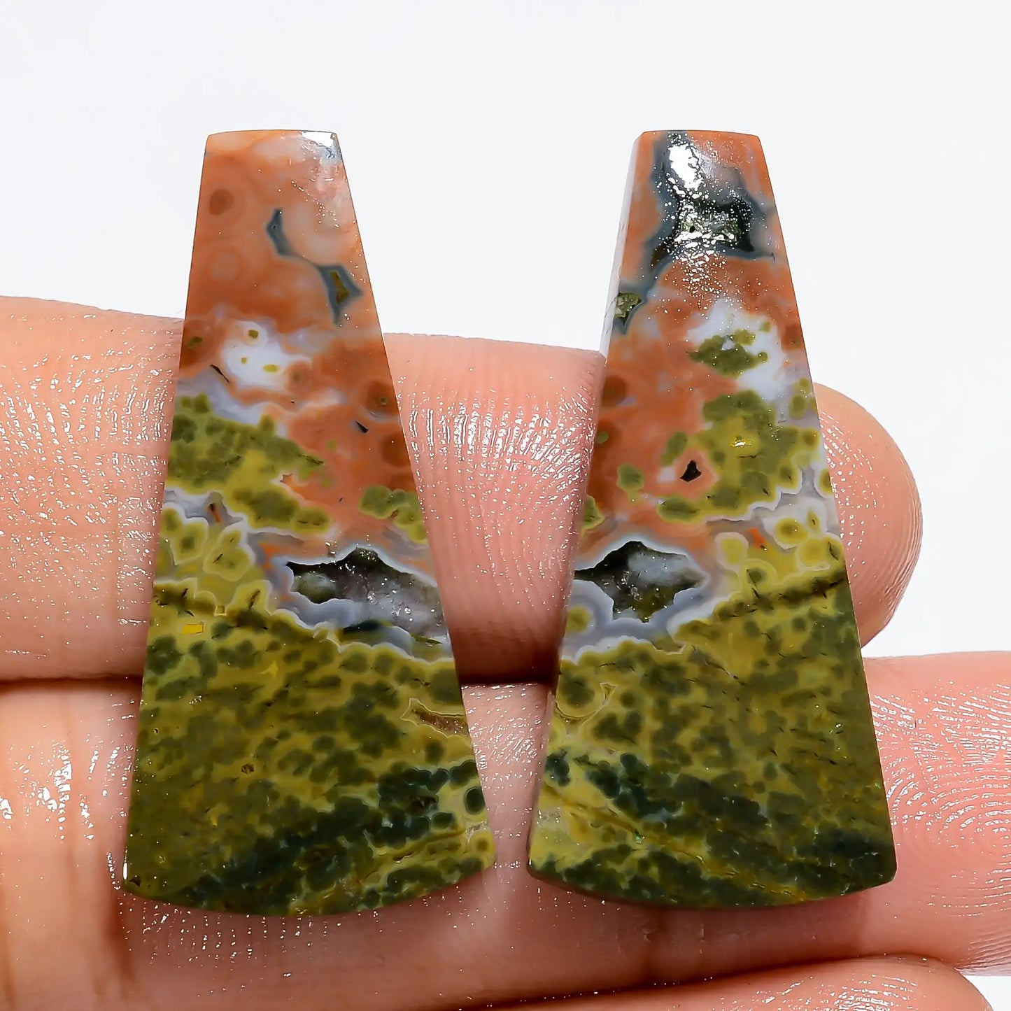 Ocean Jasper Fancy Shape Cabochon Loose Gemstone Pair Natural 25.5 Ct. 32X14X2 mm V-7179
