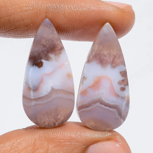 Amethyst Lace Agate Pear Shape Cabochon Loose Gemstone Pair Natural 28.5 Ct. 28X13X3 mm V-7216