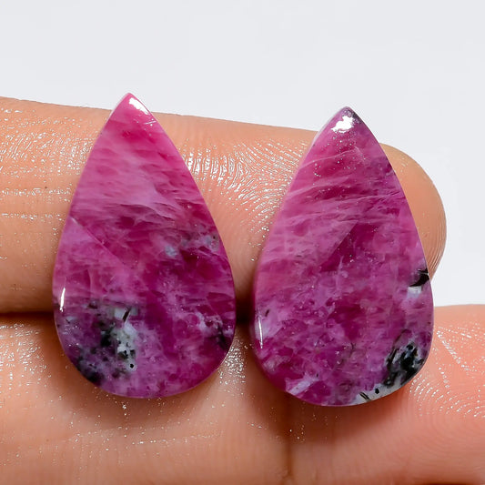 Ruby Pear Shape Cabochon Loose Gemstone Pair Natural 25 Ct. 20X11X2 mm V-7228
