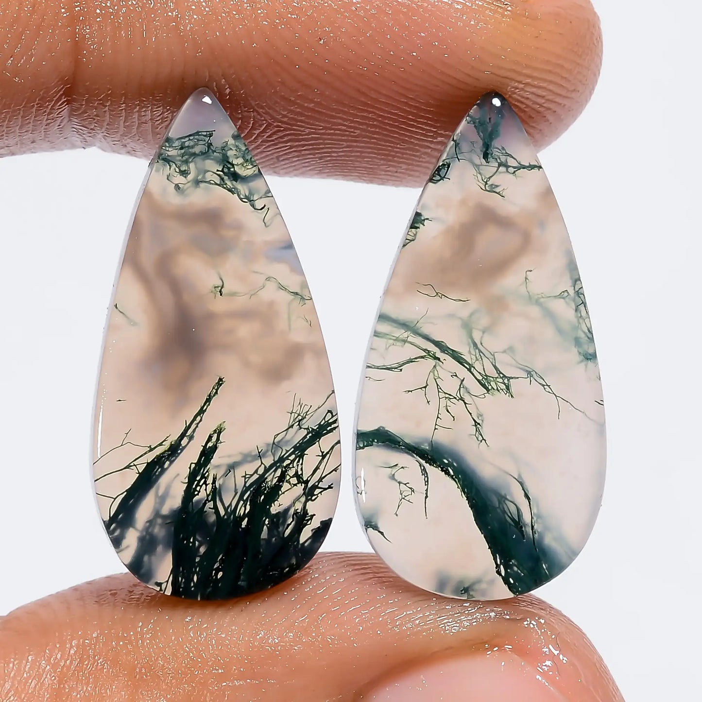 Moss Agate Pear Shape Cabochon Loose Gemstone Pair Natural 17 Ct. 22X10X3 mm V-7311