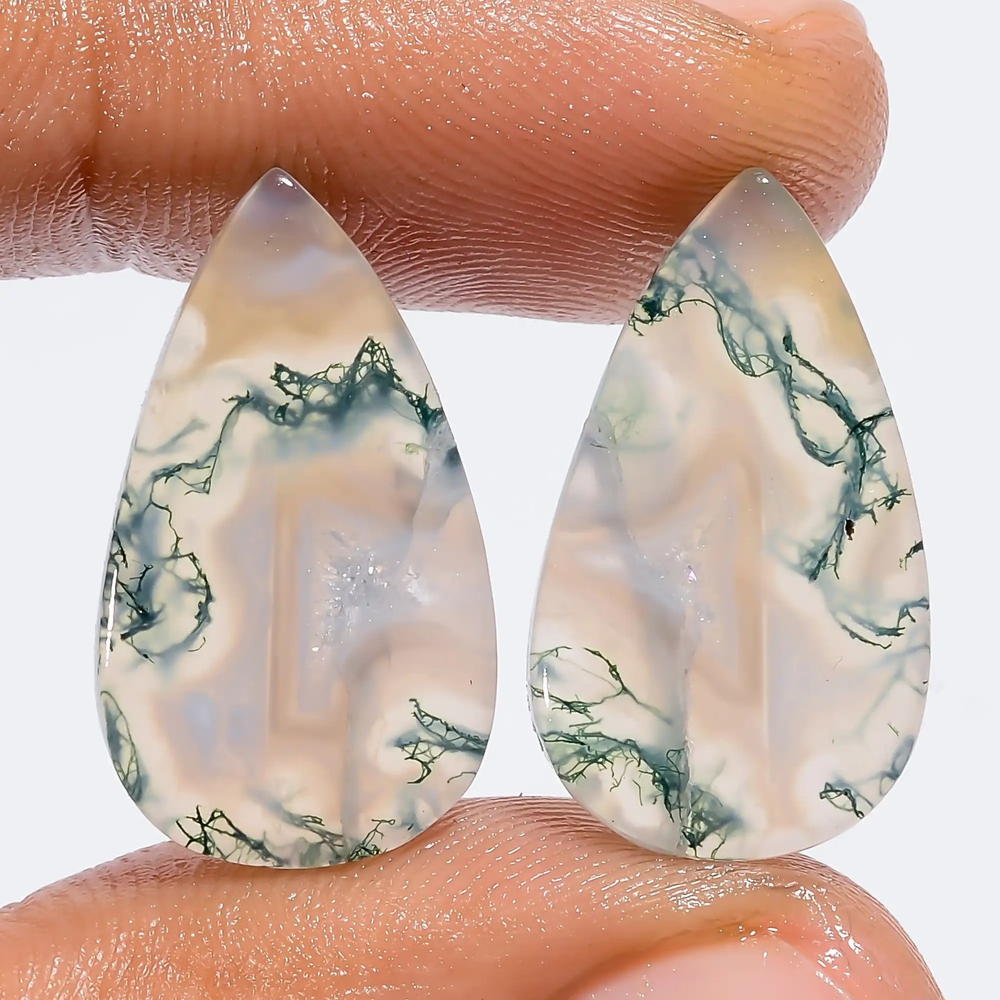 Moss Agate Pear Shape Cabochon Loose Gemstone Pair Natural 17.5 Ct. 21X11X3 mm V-7312