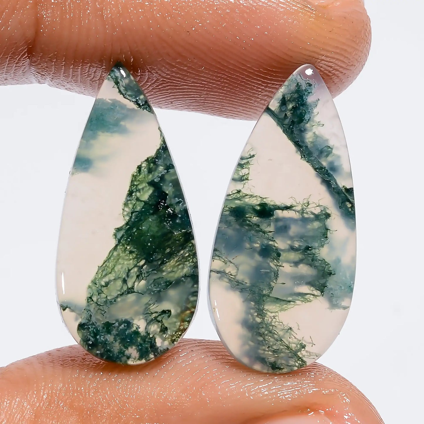 Moss Agate Pear Shape Cabochon Loose Gemstone Pair Natural 14.5 Ct. 21X10X3 mm V-7315