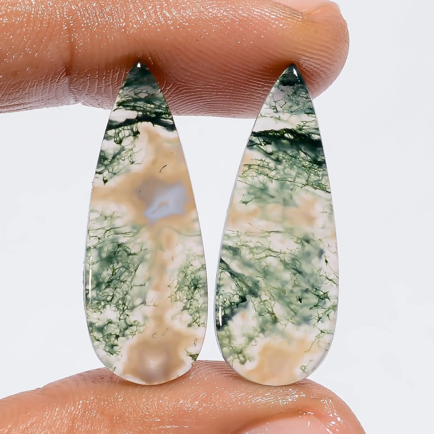 Moss Agate Pear Shape Cabochon Loose Gemstone Pair Natural 17 Ct. 27X10X2 mm V-7316