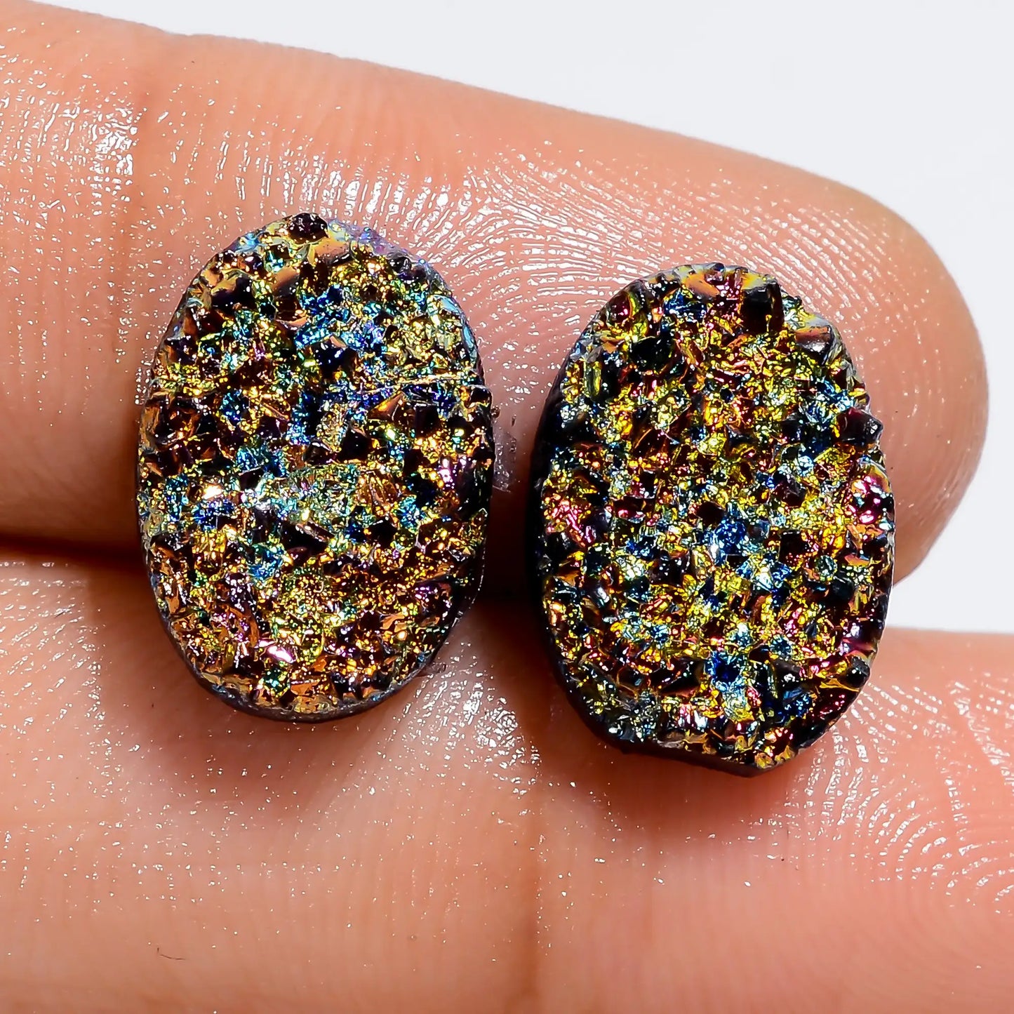 Titanium Druzy Oval Shape Cabochon Loose Gemstone Pair Natural 9.5 Ct. 13X9X2 mm V-7320