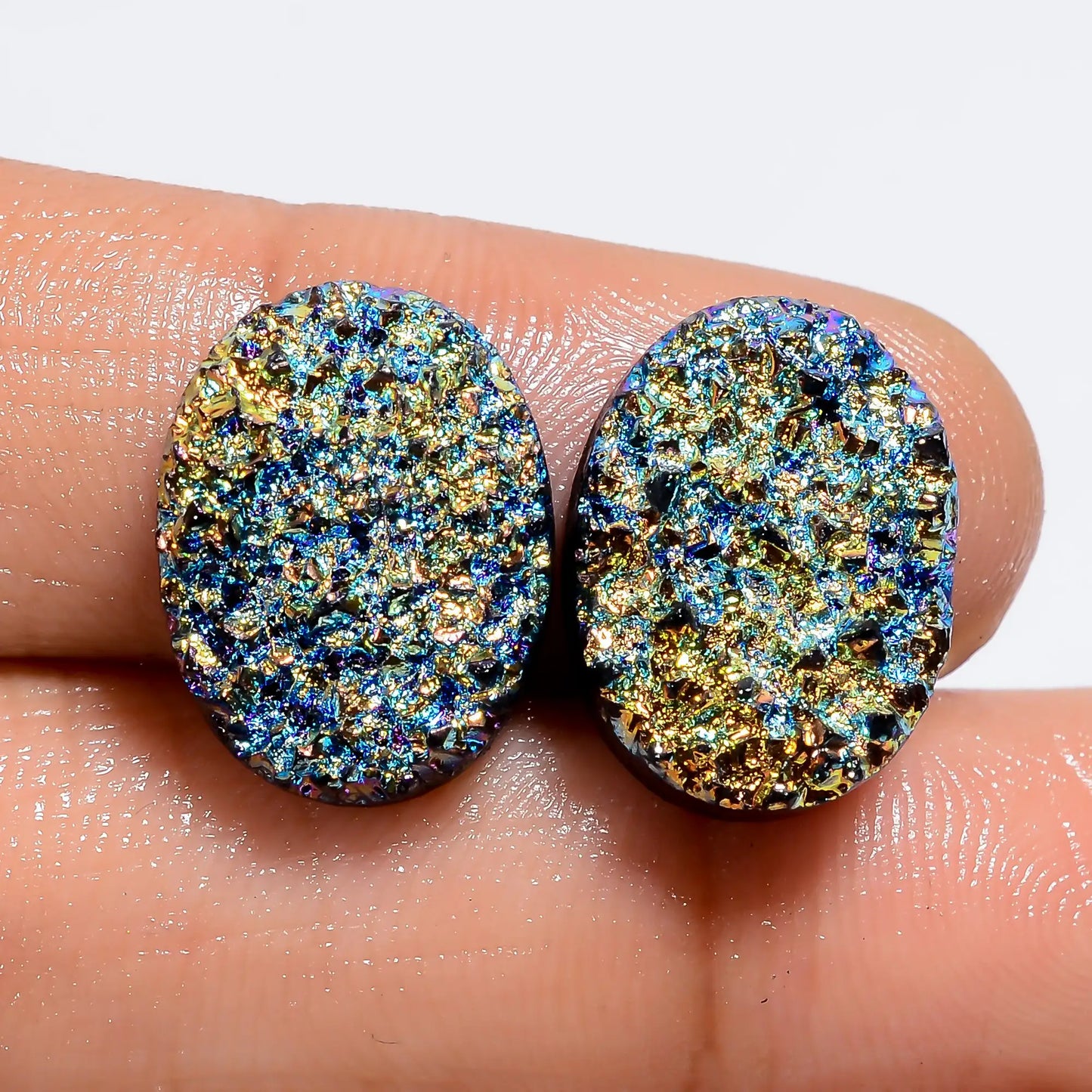 Titanium Druzy Oval Shape Cabochon Loose Gemstone Pair Natural 15.5 Ct. 15X11X3 mm V-7321