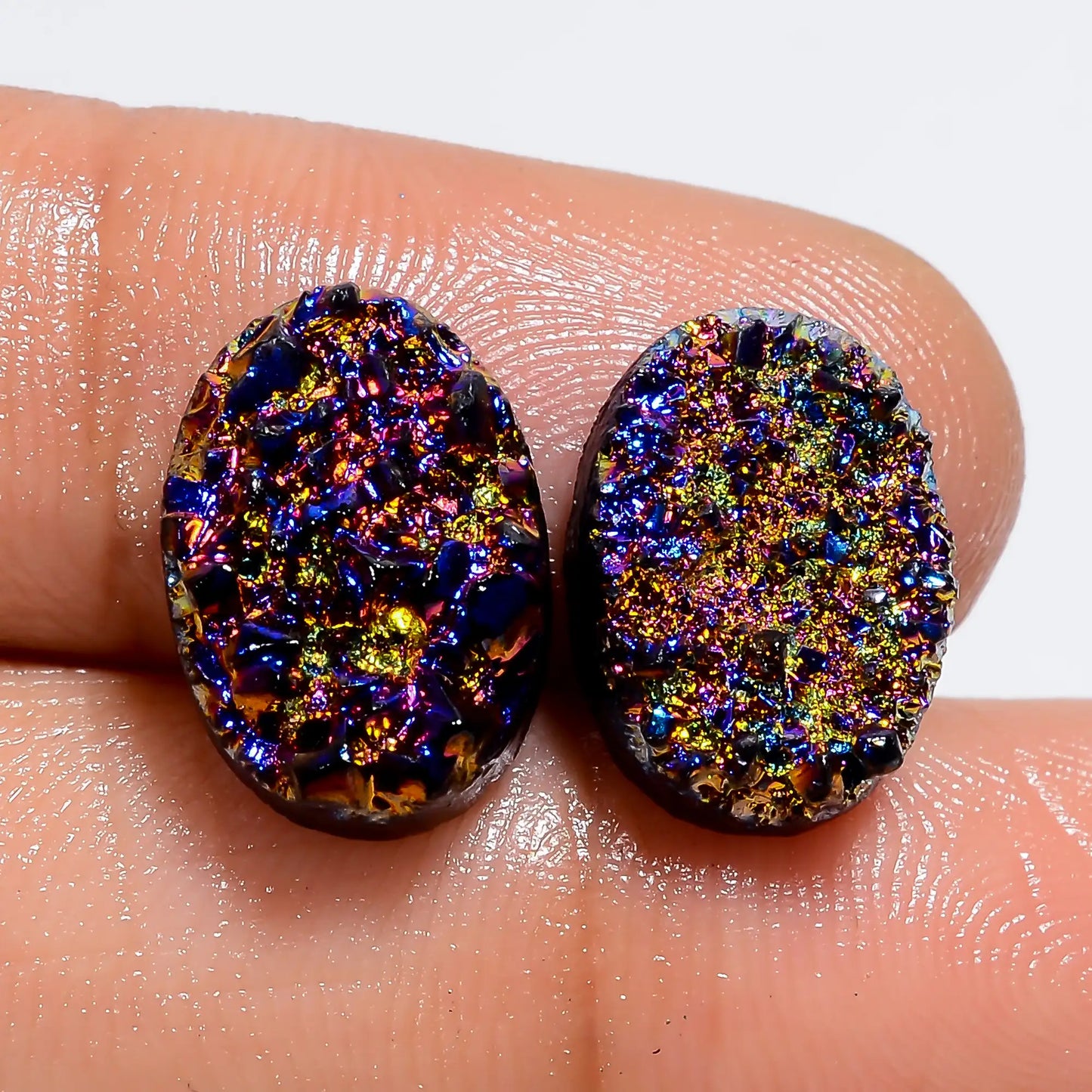 Titanium Druzy Oval Shape Cabochon Loose Gemstone Pair Natural 9.5 Ct. 13X9X2 mm V-7322