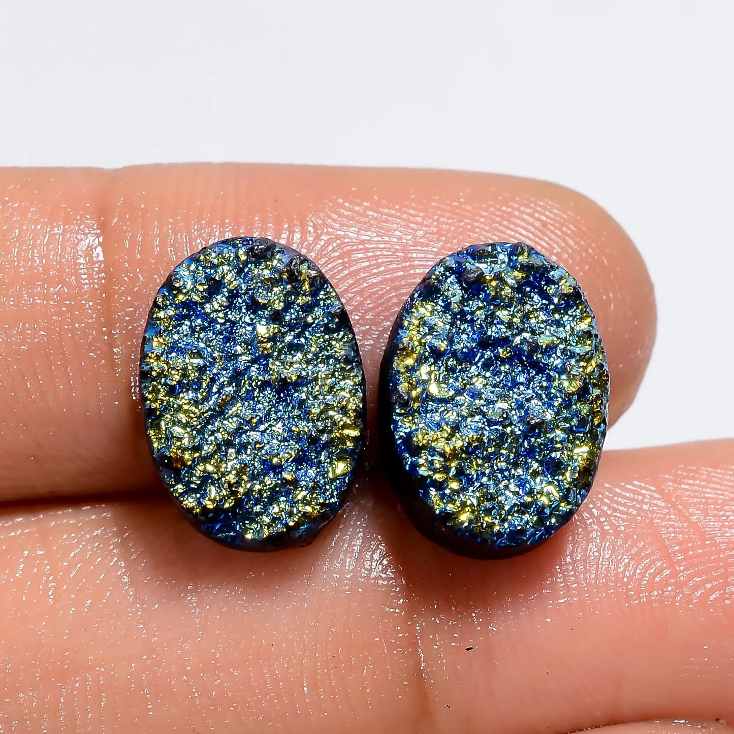 Titanium Druzy Oval Shape Cabochon Loose Gemstone Pair Natural 12 Ct. 13X9X3 mm V-7323