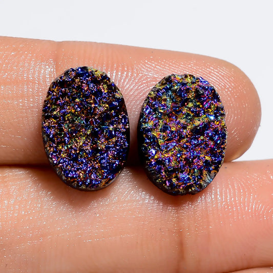 Titanium Druzy Oval Shape Cabochon Loose Gemstone Pair Natural 10 Ct. 13X9X3 mm V-7325