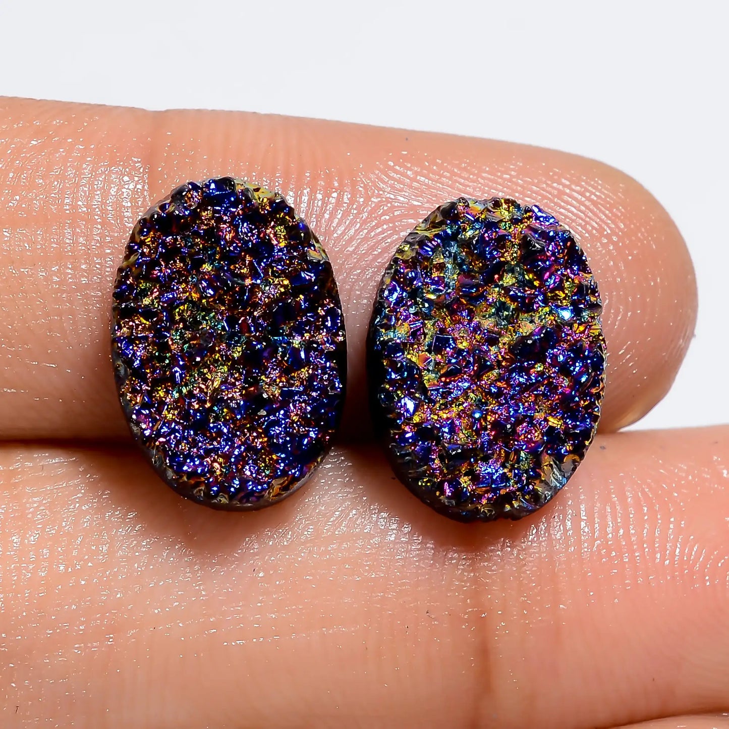 Titanium Druzy Oval Shape Cabochon Loose Gemstone Pair Natural 10 Ct. 13X9X3 mm V-7325