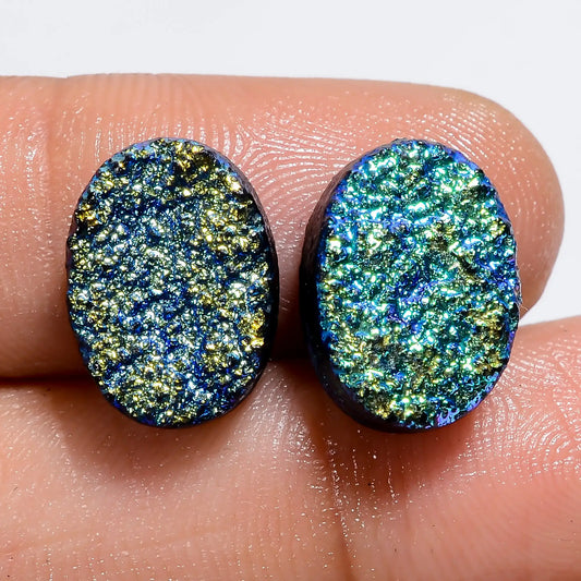 Titanium Druzy Oval Shape Cabochon Loose Gemstone Pair Natural 12 Ct. 13X9X4 mm V-7326