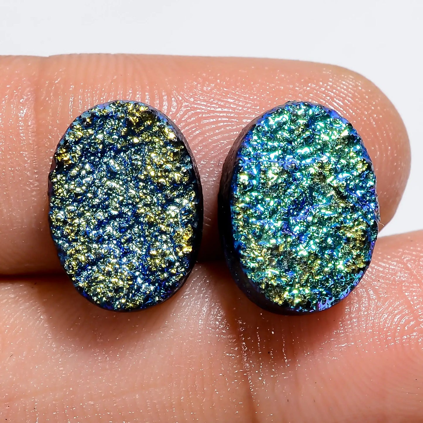 Titanium Druzy Oval Shape Cabochon Loose Gemstone Pair Natural 12 Ct. 13X9X4 mm V-7326