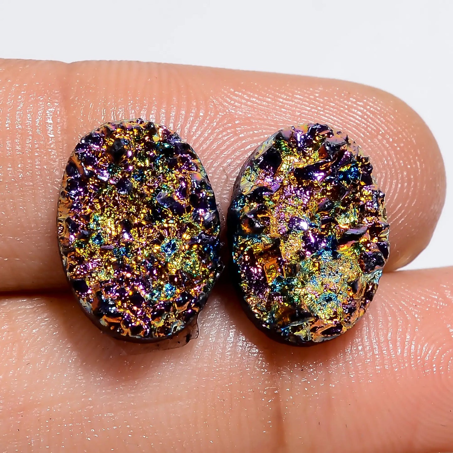Titanium Druzy Oval Shape Cabochon Loose Gemstone Pair Natural 9.5 Ct. 13X9X2 mm V-7327