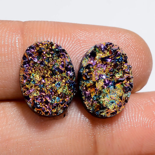 Titanium Druzy Oval Shape Cabochon Loose Gemstone Pair Natural 9.5 Ct. 13X9X2 mm V-7327