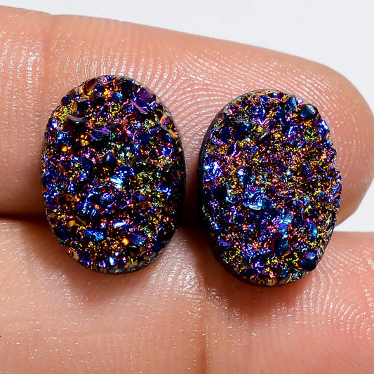 Titanium Druzy Oval Shape Cabochon Loose Gemstone Pair Natural 10 Ct. 13X9X3 mm V-7328